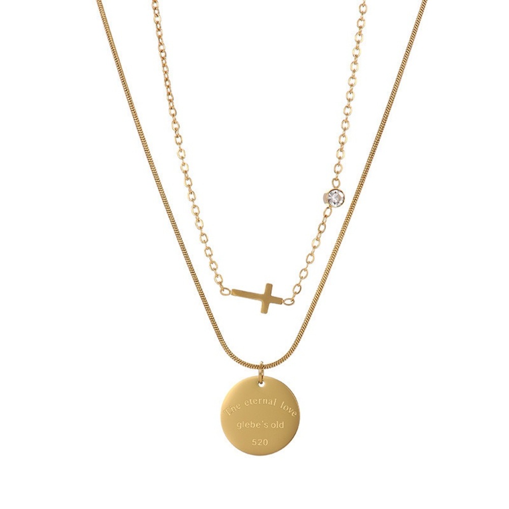 18K Gold Plated Double Layered Necklace*Stackable Cross Necklace*Round PendantLW - Picture 5 of 8